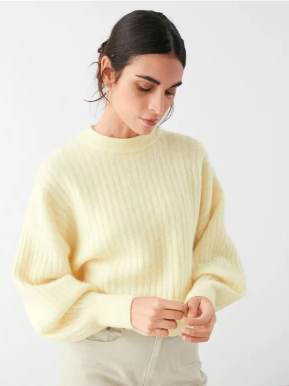 & OTHER STORIES Alpaca Blend Ribbed Knit Crew Neck Sweater Pullover Cream Sz M